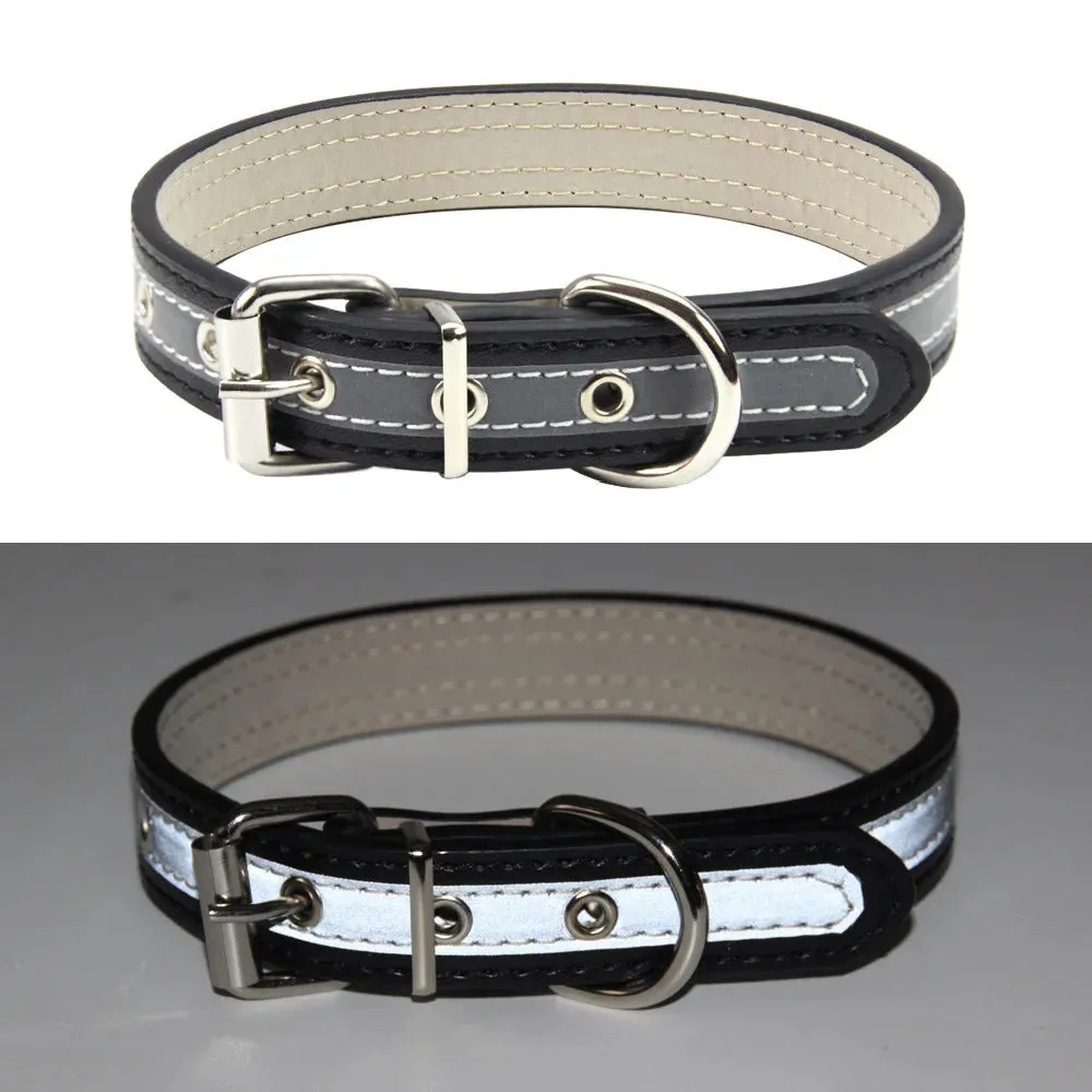 Reflective Leather Dog Collar for Enhanced Safety