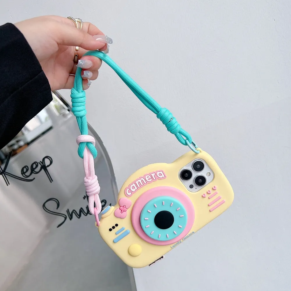 Retro Camera Shape Stand Phone Case With Lanyard Strap - iPhone 16