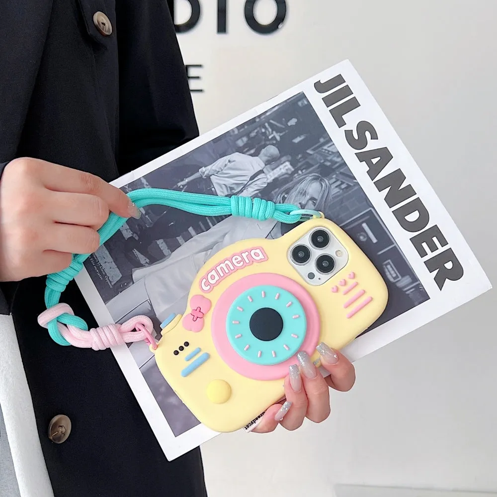 Retro Camera Shape Stand Phone Case With Lanyard Strap - iPhone 16