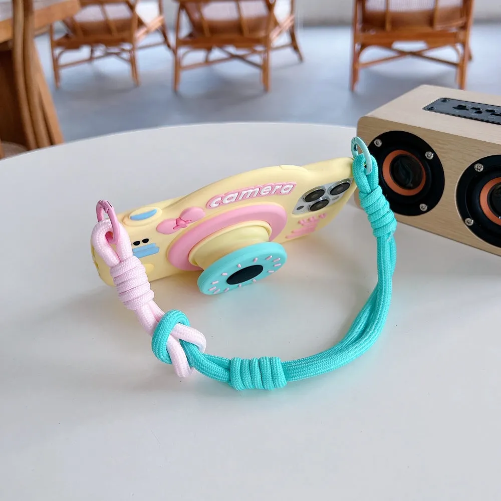 Retro Camera Shape Stand Phone Case With Lanyard Strap - iPhone 16