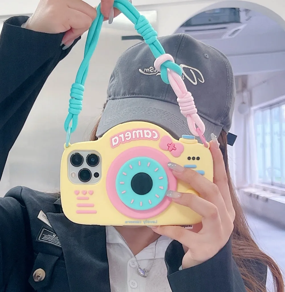 Retro Camera Shape Stand Phone Case With Lanyard Strap - iPhone 16