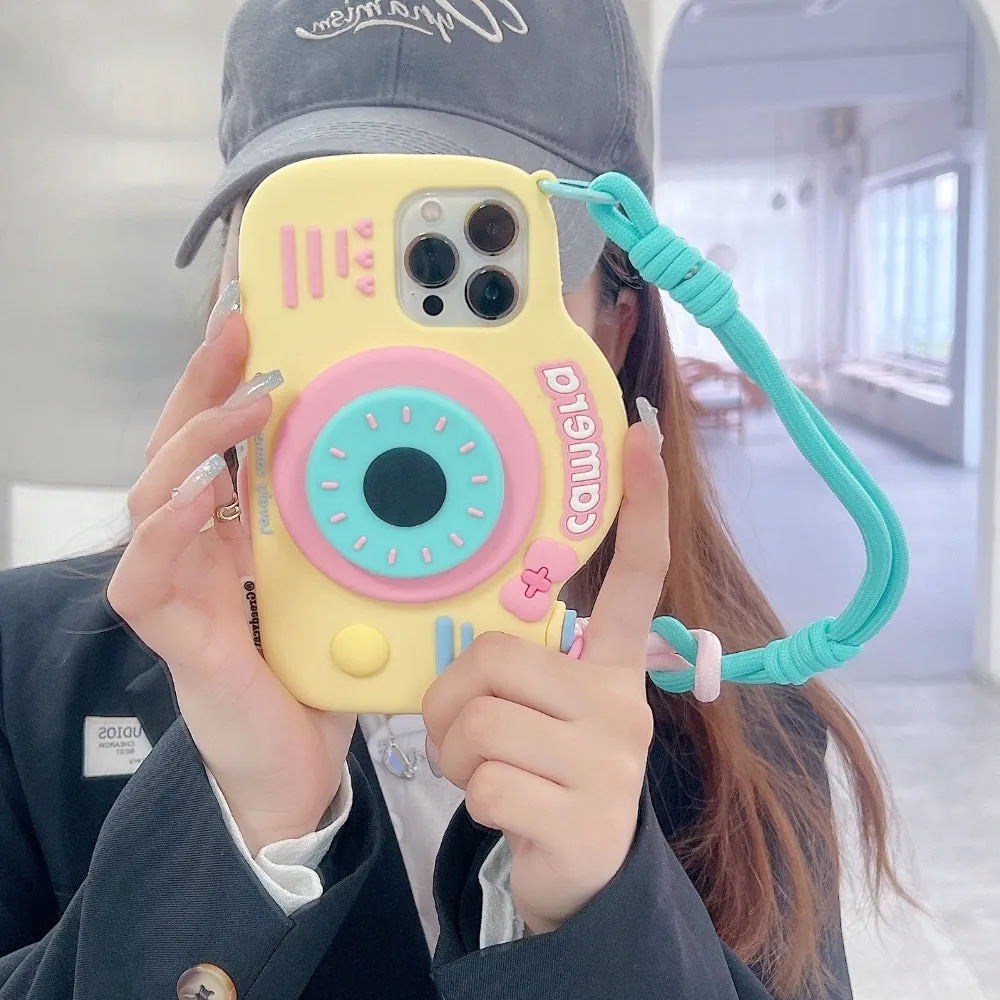 Retro Camera Shape Stand Phone Case With Lanyard Strap - iPhone 16
