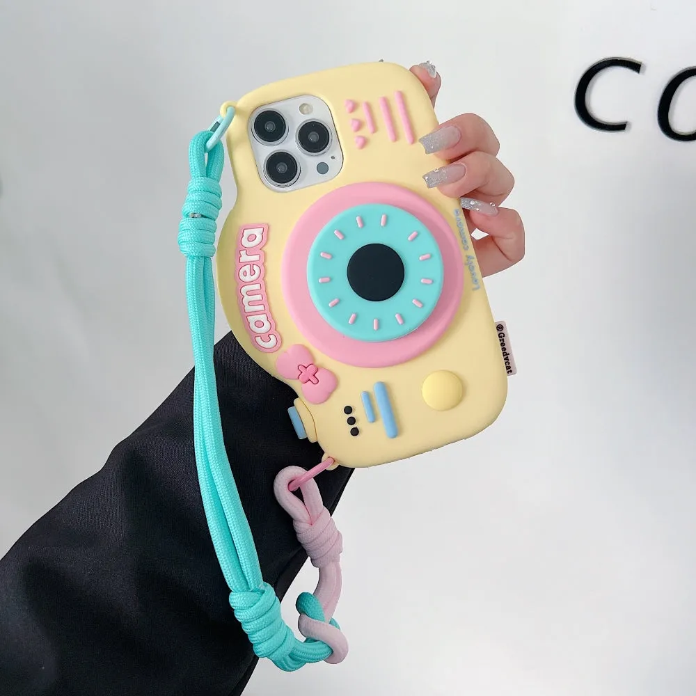 Retro Camera Shape Stand Phone Case With Lanyard Strap - iPhone 16