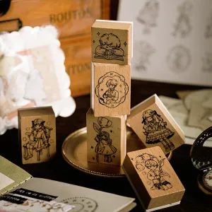 Retro Cute Cartoon Characters Little Boy Girl Wooden Rubber Stamp