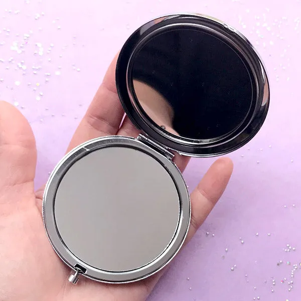 Round Compact Mirror Case | Folding Hand Held Mirror | Resin Craft Supplies (Silver / 7cm)