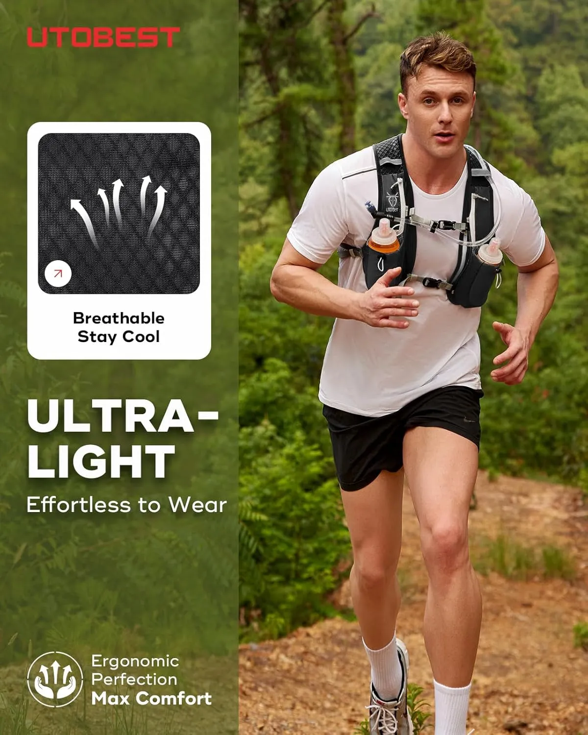 Running Vest, 5L Hydration Vest Lightweight, Breathable and Sweatproof Running Backpack, Adjustable Running Hydration Vest for Trail Running Marathon Race Jogging Cycling