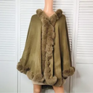 SAACHI Brown Woven Faux Fur-Trim Kimono Cape