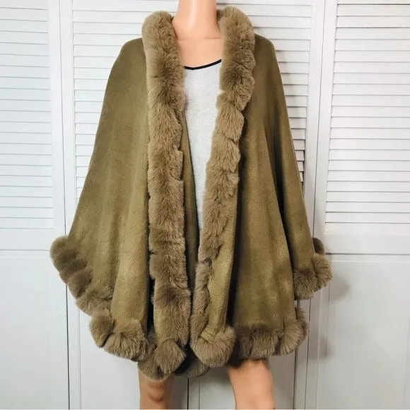 SAACHI Brown Woven Faux Fur-Trim Kimono Cape