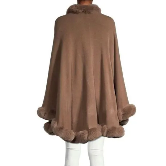 SAACHI Brown Woven Faux Fur-Trim Kimono Cape