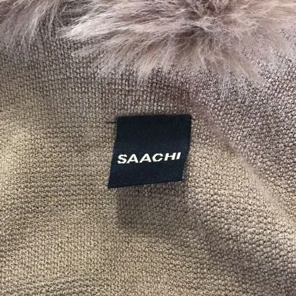 SAACHI Brown Woven Faux Fur-Trim Kimono Cape