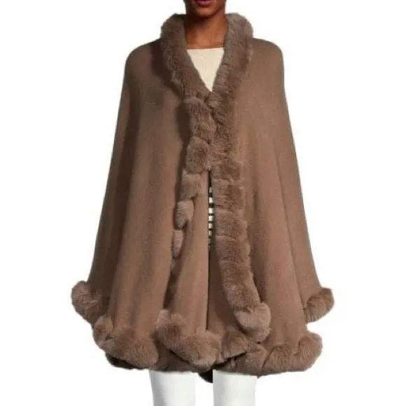 SAACHI Brown Woven Faux Fur-Trim Kimono Cape