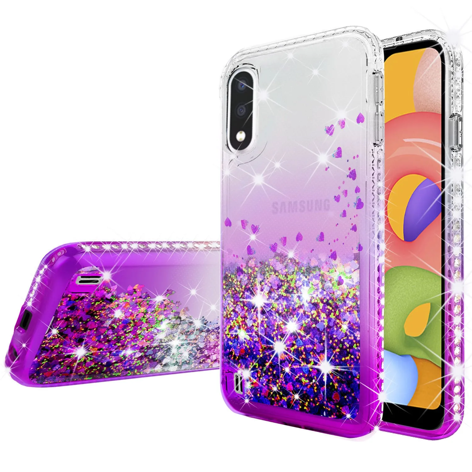 Samsung Galaxy A01 Case Liquid Glitter Phone Case Waterfall Floating Quicksand Bling Sparkle Cute Protective Girls Women Cover for Samsung Galaxy A01 W/Temper Glass - Purple