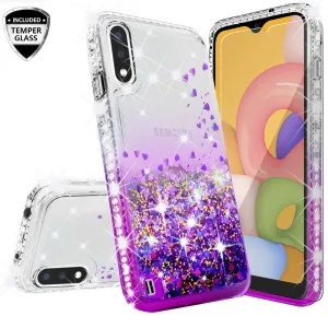 Samsung Galaxy A01 Case Liquid Glitter Phone Case Waterfall Floating Quicksand Bling Sparkle Cute Protective Girls Women Cover for Samsung Galaxy A01 W/Temper Glass - Purple