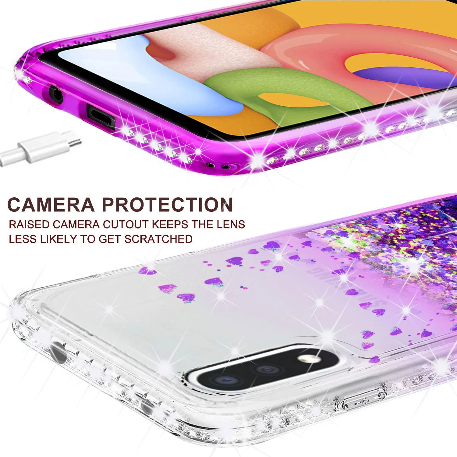 Samsung Galaxy A01 Case Liquid Glitter Phone Case Waterfall Floating Quicksand Bling Sparkle Cute Protective Girls Women Cover for Samsung Galaxy A01 W/Temper Glass - Purple