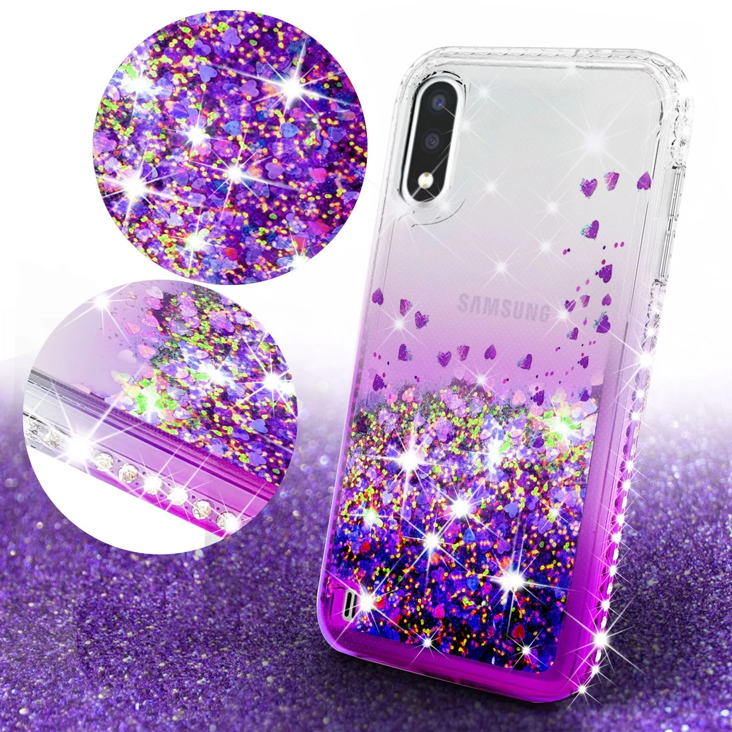 Samsung Galaxy A01 Case Liquid Glitter Phone Case Waterfall Floating Quicksand Bling Sparkle Cute Protective Girls Women Cover for Samsung Galaxy A01 W/Temper Glass - Purple