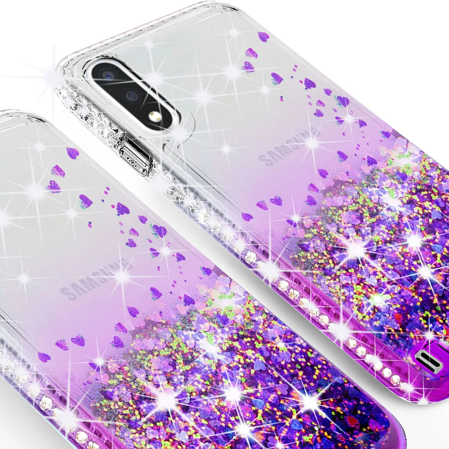 Samsung Galaxy A01 Case Liquid Glitter Phone Case Waterfall Floating Quicksand Bling Sparkle Cute Protective Girls Women Cover for Samsung Galaxy A01 W/Temper Glass - Purple