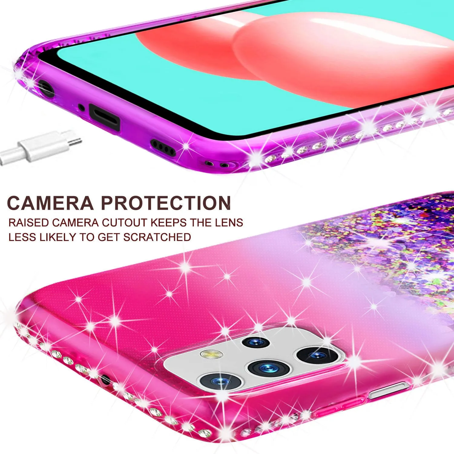 Samsung Galaxy A02s Case Liquid Glitter Phone Case Waterfall Floating Quicksand Bling Sparkle Cute Protective Girls Women Cover for Samsung Galaxy A02s w/ Tempered Glass - (Hot Pink/Purple Gradient)