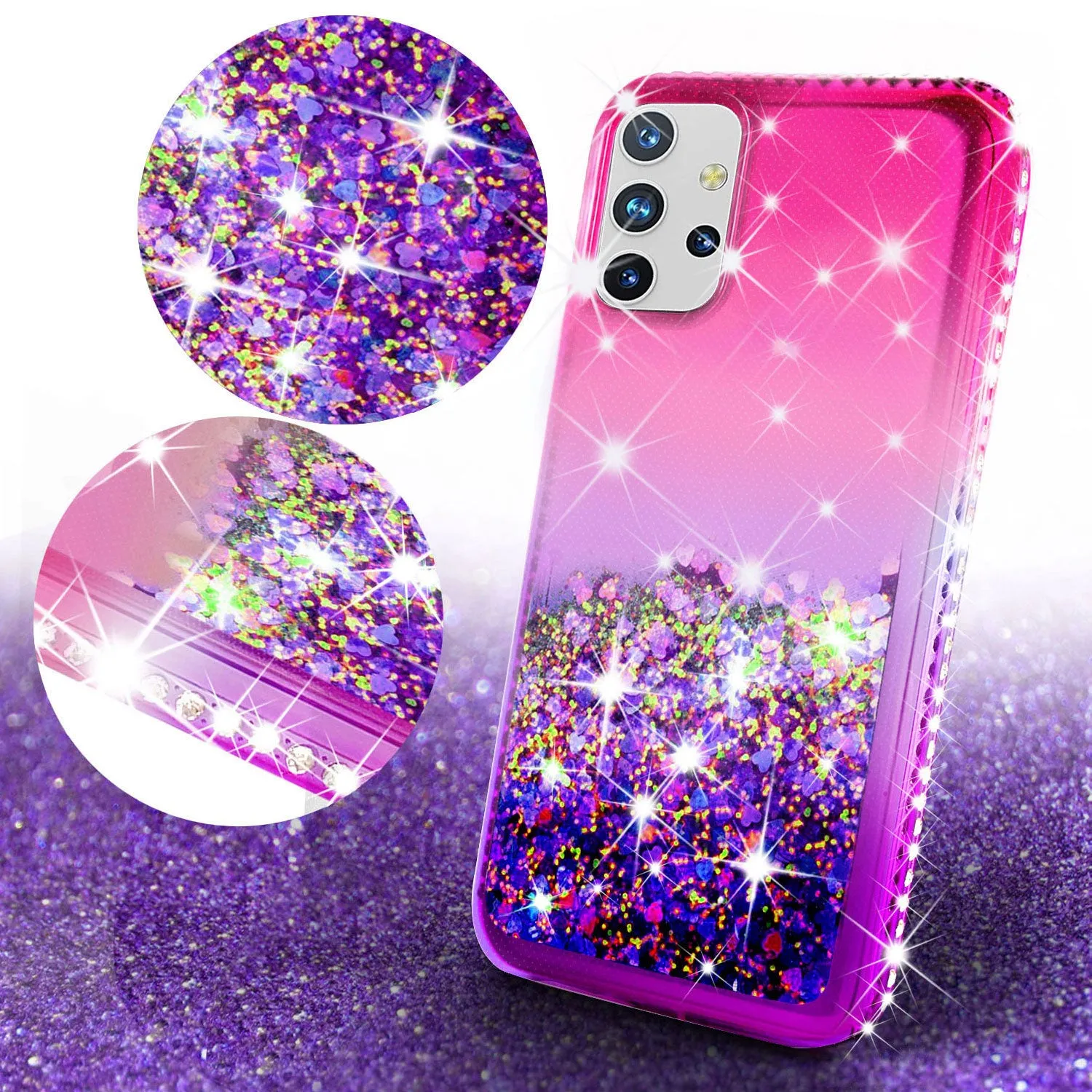 Samsung Galaxy A02s Case Liquid Glitter Phone Case Waterfall Floating Quicksand Bling Sparkle Cute Protective Girls Women Cover for Samsung Galaxy A02s w/ Tempered Glass - (Hot Pink/Purple Gradient)