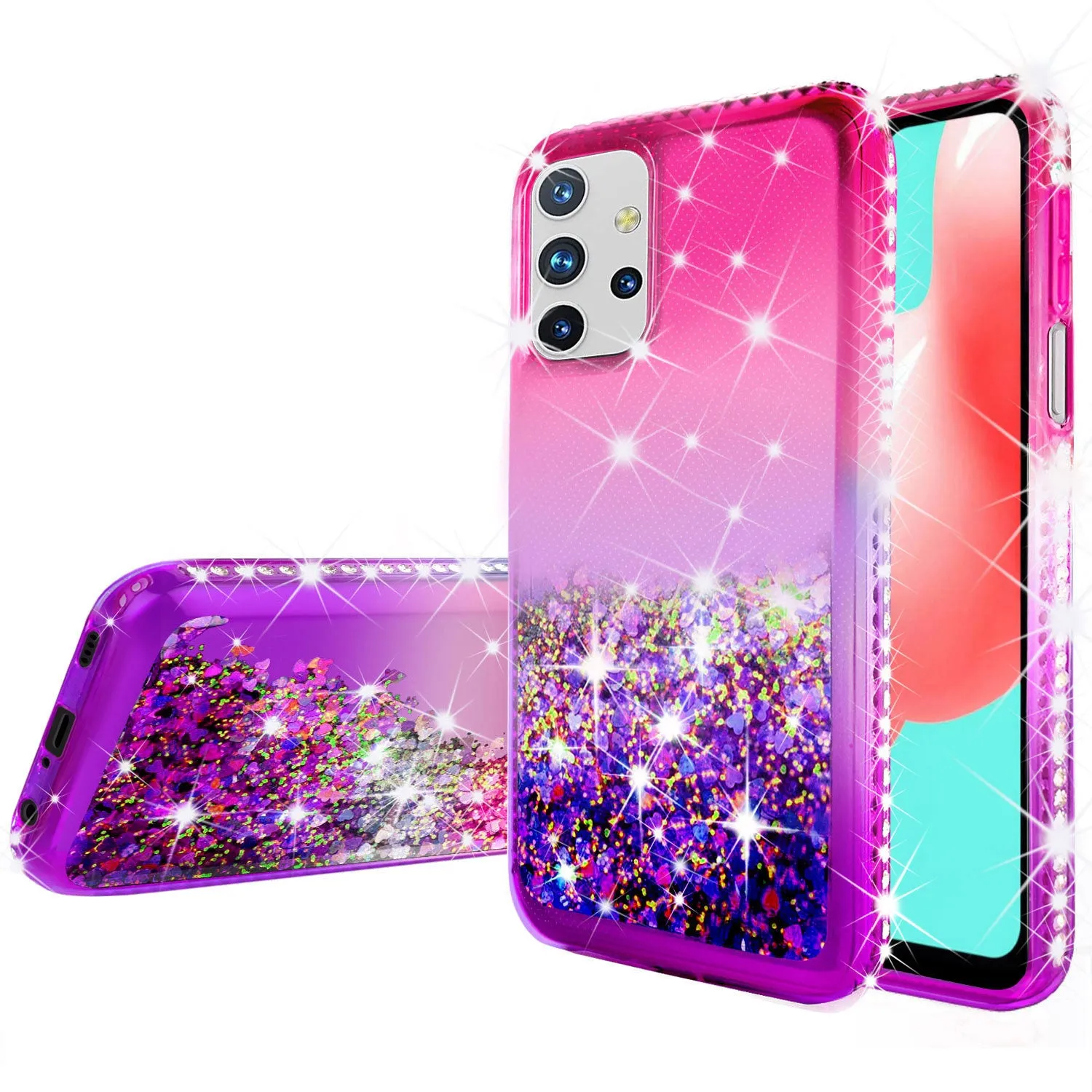 Samsung Galaxy A02s Case Liquid Glitter Phone Case Waterfall Floating Quicksand Bling Sparkle Cute Protective Girls Women Cover for Samsung Galaxy A02s w/ Tempered Glass - (Hot Pink/Purple Gradient)