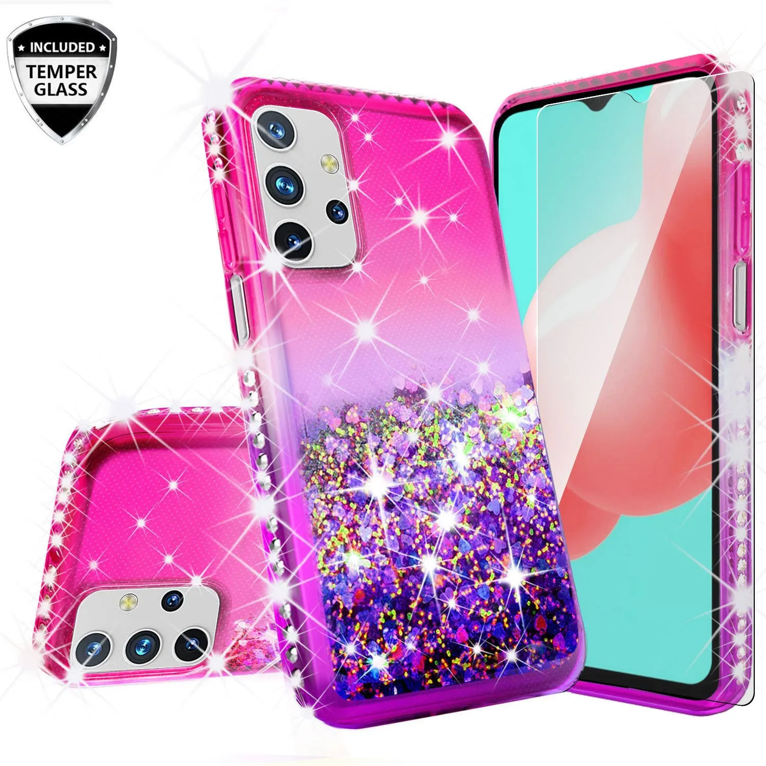 Samsung Galaxy A02s Case Liquid Glitter Phone Case Waterfall Floating Quicksand Bling Sparkle Cute Protective Girls Women Cover for Samsung Galaxy A02s w/ Tempered Glass - (Hot Pink/Purple Gradient)