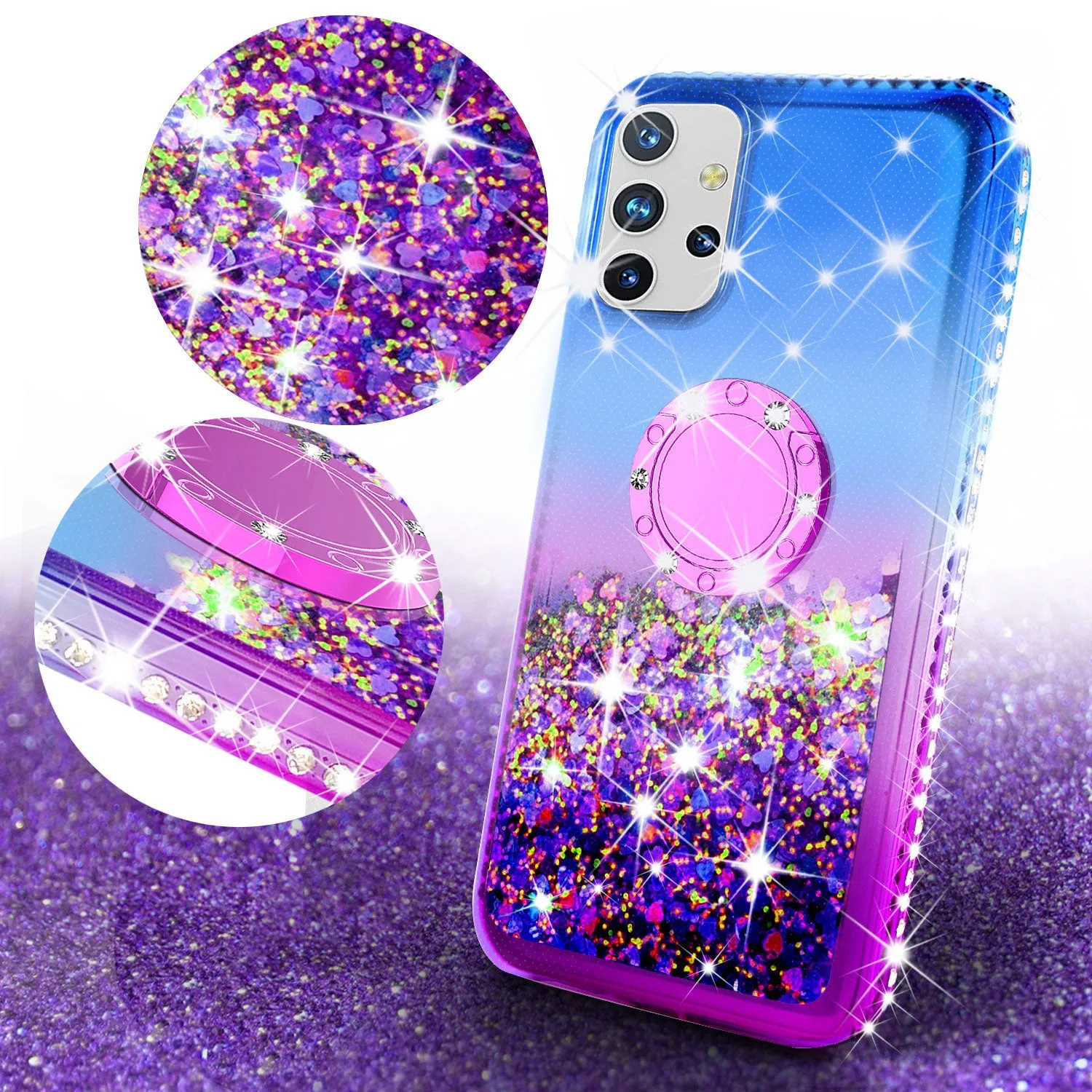 Samsung Galaxy A02s Case, Ring Stand Liquid Floating Quicksand Bling Sparkle Protective Girls Women for Samsung Galaxy A02s W/Tempered Glass - (Blue/Purple Gradient)