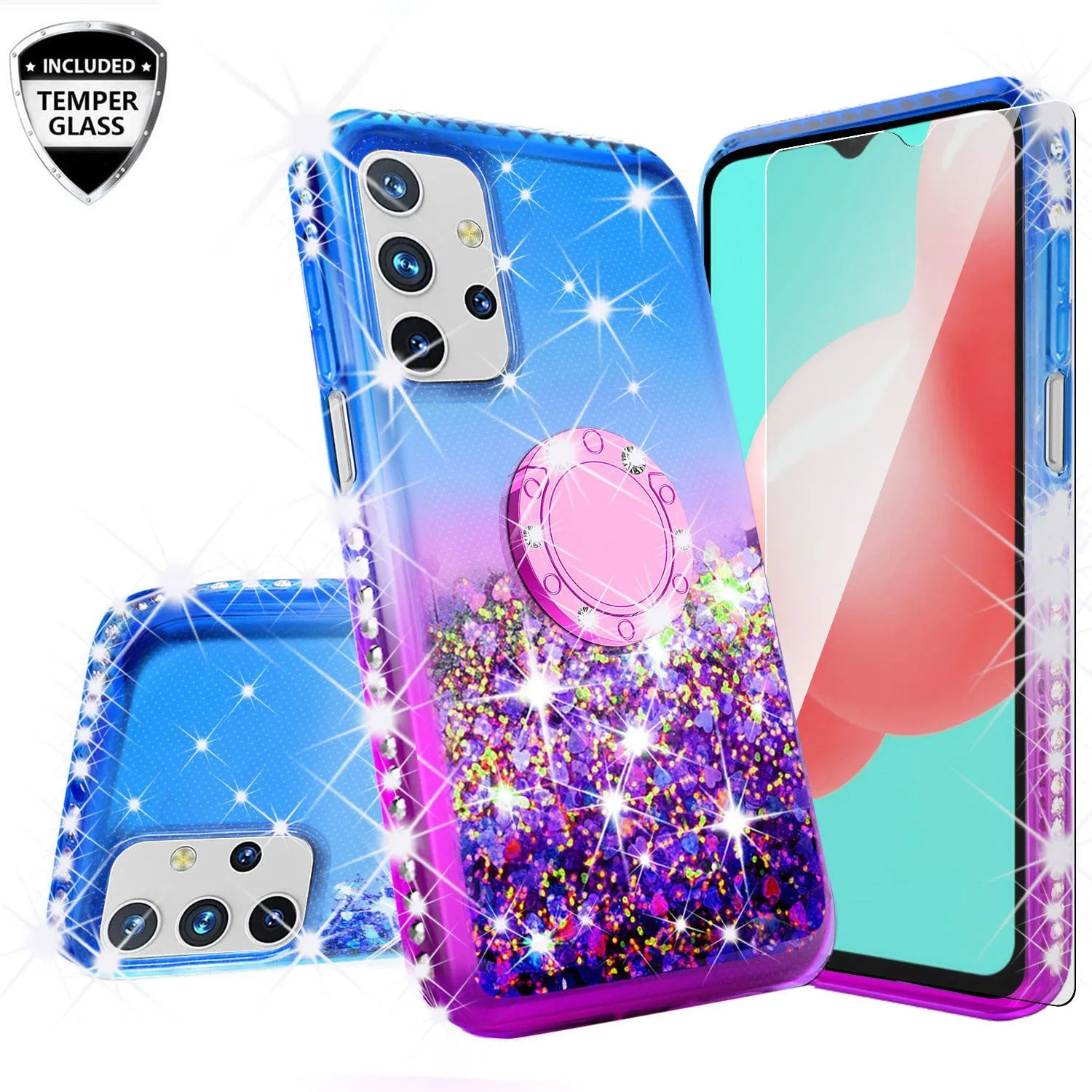 Samsung Galaxy A02s Case, Ring Stand Liquid Floating Quicksand Bling Sparkle Protective Girls Women for Samsung Galaxy A02s W/Tempered Glass - (Blue/Purple Gradient)