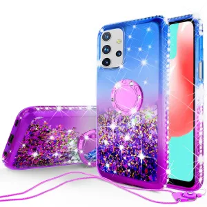 Samsung Galaxy A02s Case, Ring Stand Liquid Floating Quicksand Bling Sparkle Protective Girls Women for Samsung Galaxy A02s W/Tempered Glass - (Blue/Purple Gradient)