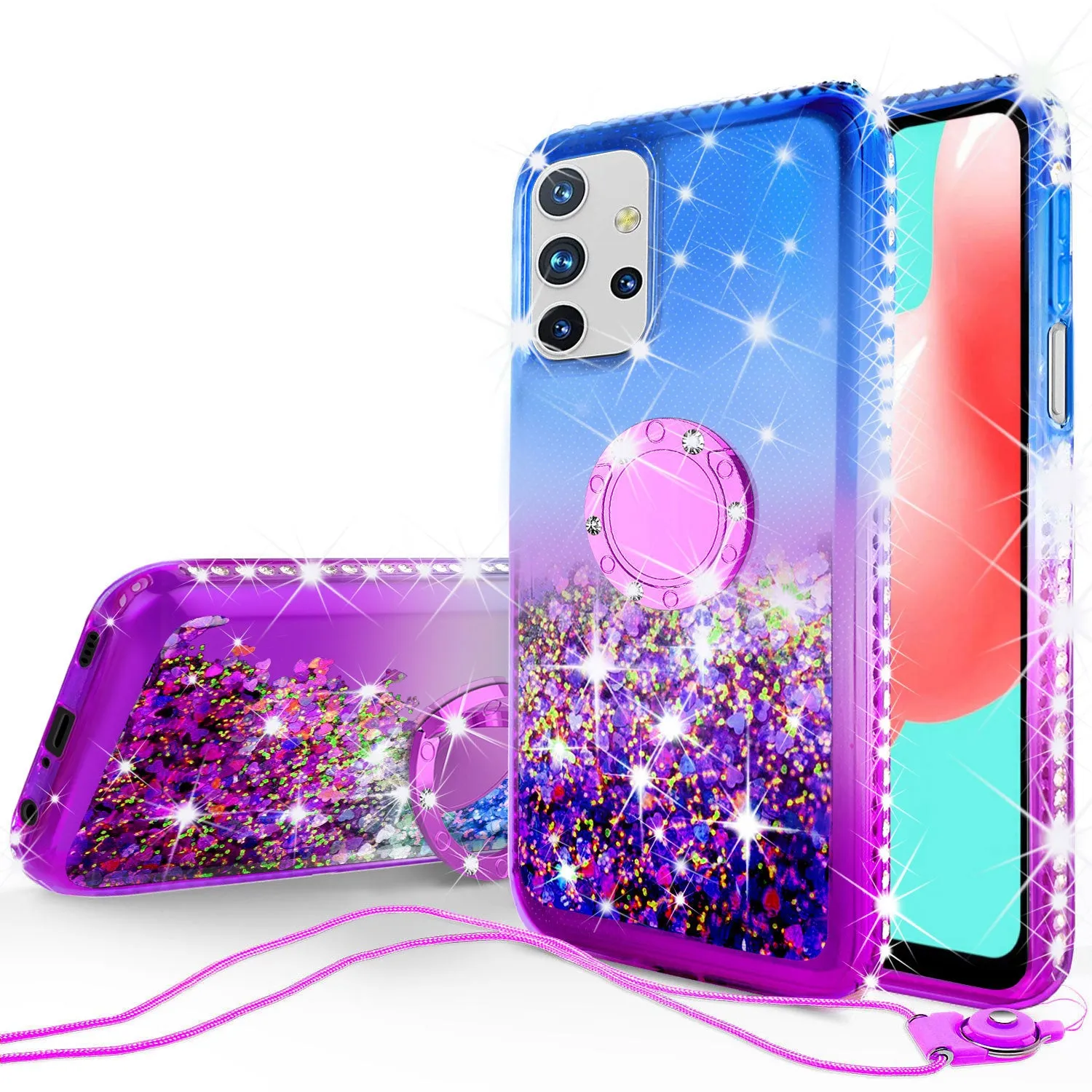 Samsung Galaxy A02s Case, Ring Stand Liquid Floating Quicksand Bling Sparkle Protective Girls Women for Samsung Galaxy A02s W/Tempered Glass - (Blue/Purple Gradient)
