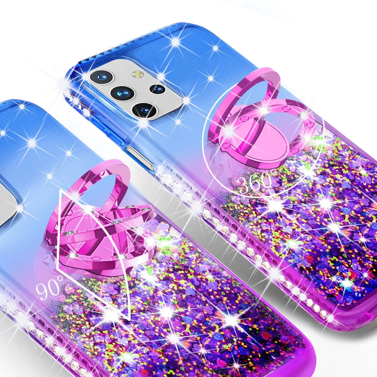 Samsung Galaxy A02s Case, Ring Stand Liquid Floating Quicksand Bling Sparkle Protective Girls Women for Samsung Galaxy A02s W/Tempered Glass - (Blue/Purple Gradient)