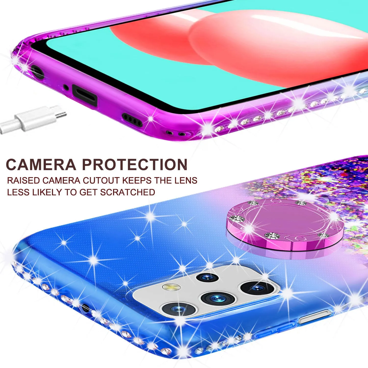 Samsung Galaxy A02s Case, Ring Stand Liquid Floating Quicksand Bling Sparkle Protective Girls Women for Samsung Galaxy A02s W/Tempered Glass - (Blue/Purple Gradient)