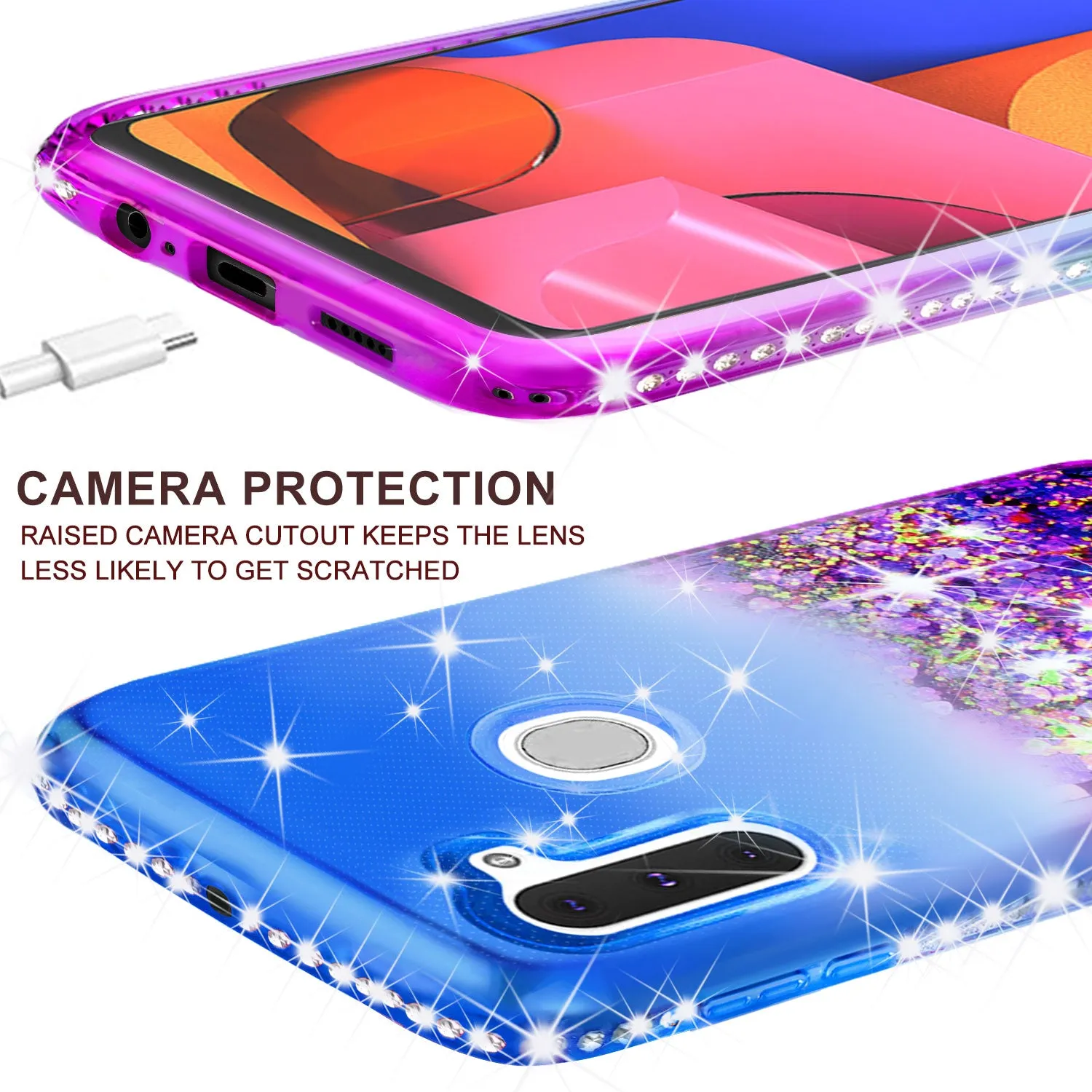 Samsung Galaxy A11 Case Liquid Glitter Phone Case Waterfall Floating Quicksand Bling Sparkle Cute Protective Girls Women Cover for Samsung Galaxy A11 w/ Tempered Glass - (Blue/Purple Gradient)