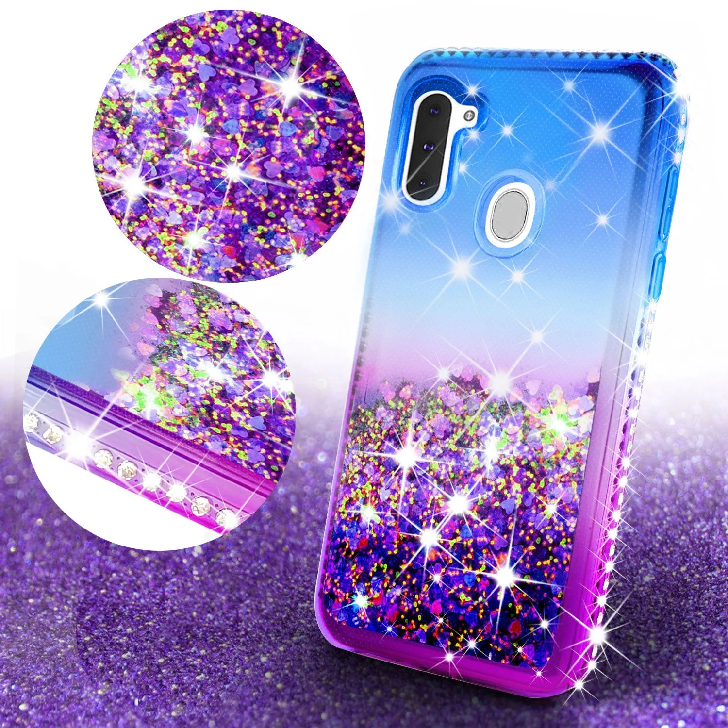 Samsung Galaxy A11 Case Liquid Glitter Phone Case Waterfall Floating Quicksand Bling Sparkle Cute Protective Girls Women Cover for Samsung Galaxy A11 w/ Tempered Glass - (Blue/Purple Gradient)