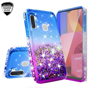 Samsung Galaxy A11 Case Liquid Glitter Phone Case Waterfall Floating Quicksand Bling Sparkle Cute Protective Girls Women Cover for Samsung Galaxy A11 w/ Tempered Glass - (Blue/Purple Gradient)