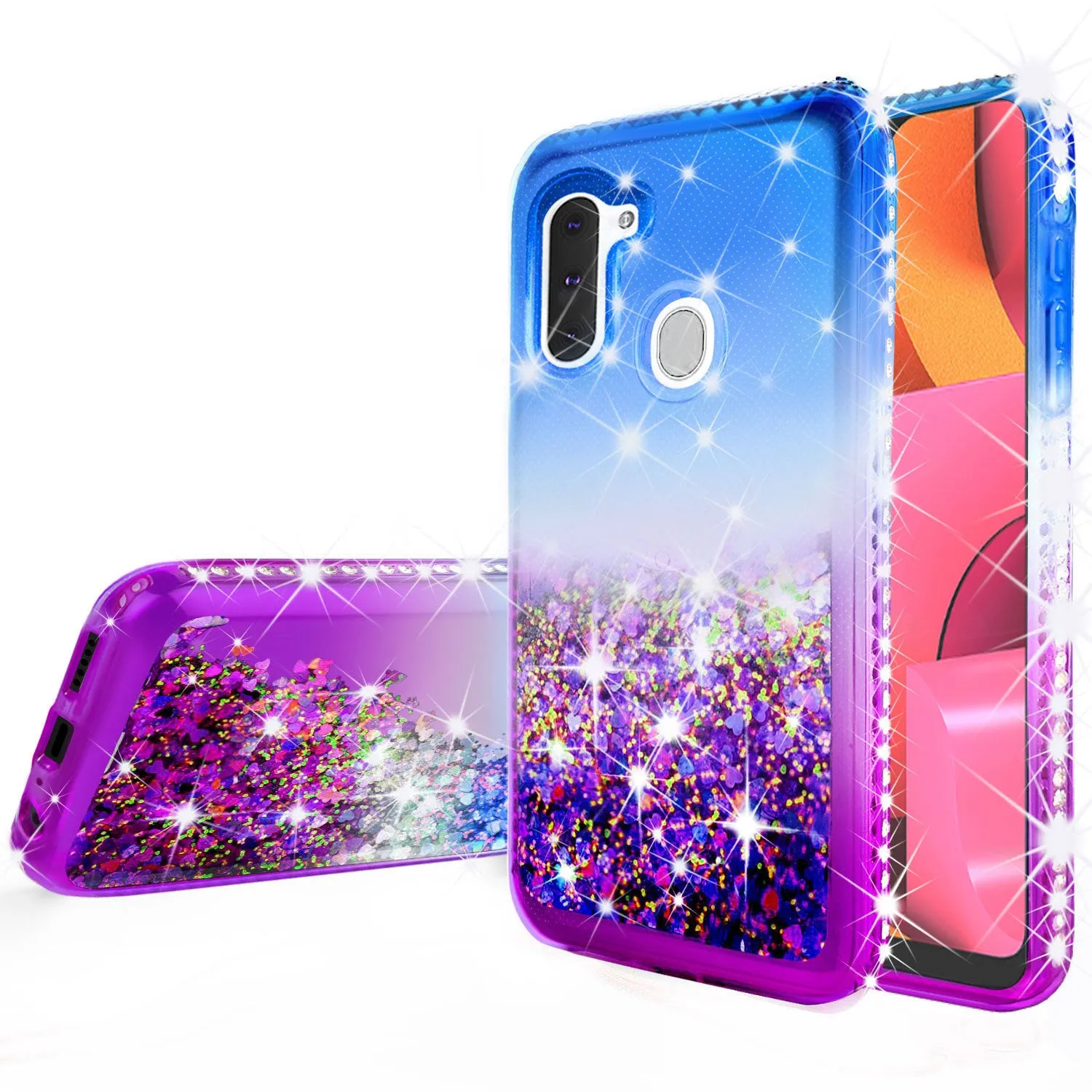 Samsung Galaxy A11 Case Liquid Glitter Phone Case Waterfall Floating Quicksand Bling Sparkle Cute Protective Girls Women Cover for Samsung Galaxy A11 w/ Tempered Glass - (Blue/Purple Gradient)
