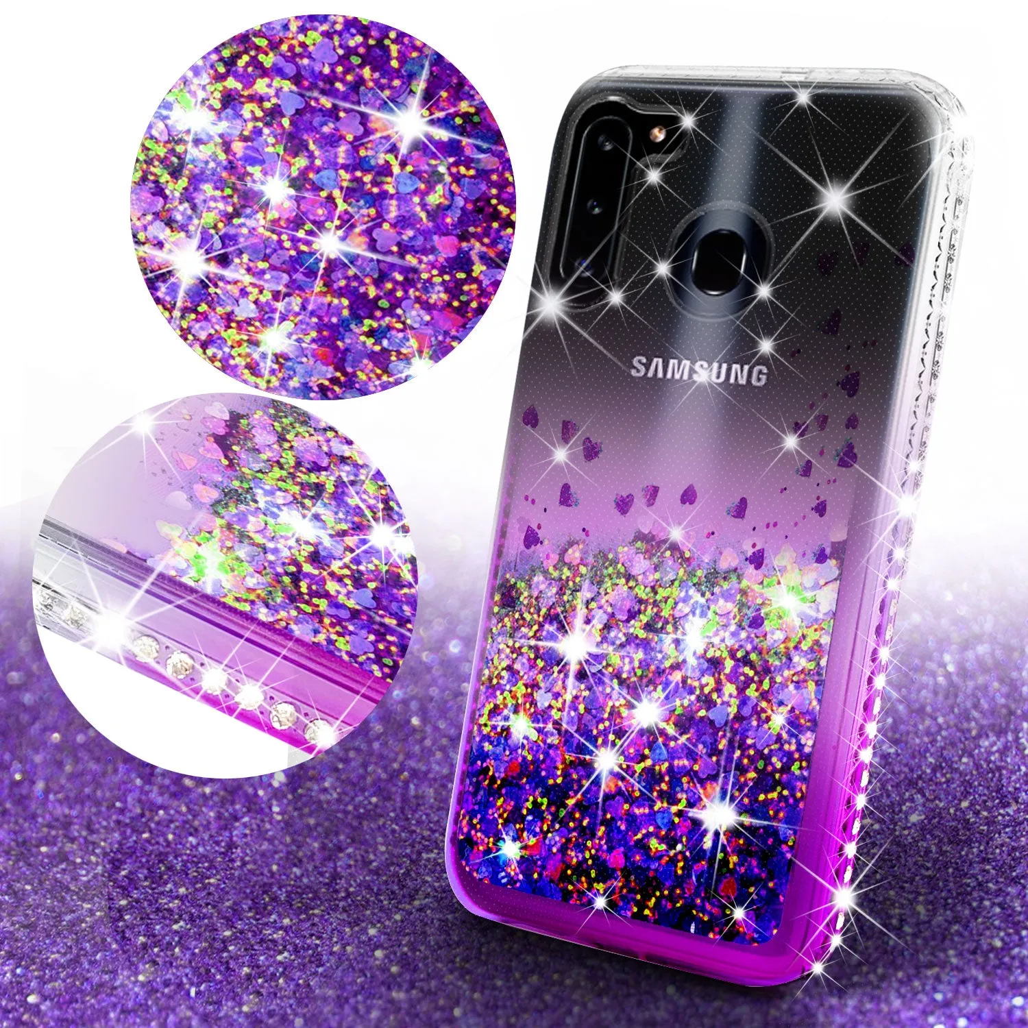 Samsung Galaxy A11 Case Liquid Glitter Phone Case Waterfall Floating Quicksand Bling Sparkle Cute Protective Girls Women Cover for Samsung Galaxy A11 W/Temper Glass - Purple