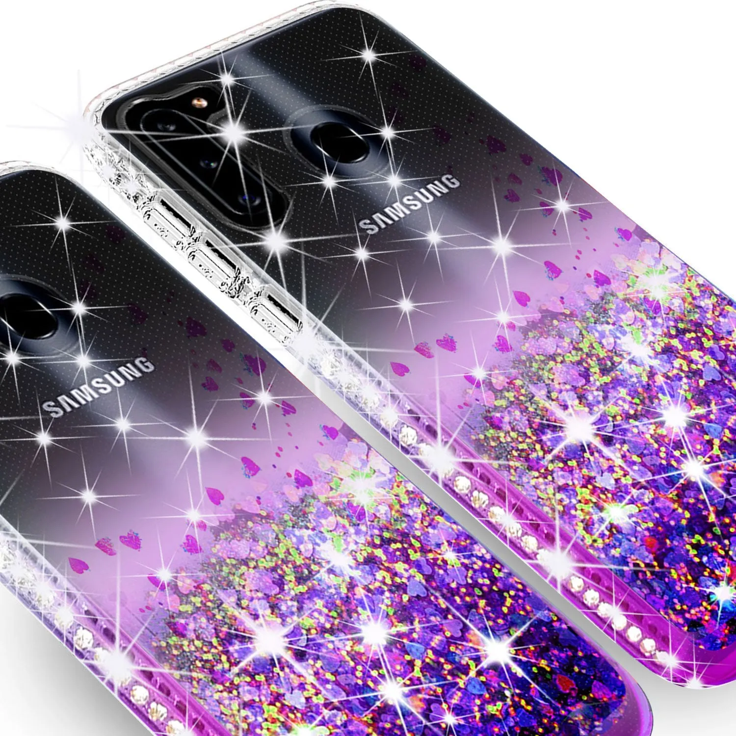 Samsung Galaxy A11 Case Liquid Glitter Phone Case Waterfall Floating Quicksand Bling Sparkle Cute Protective Girls Women Cover for Samsung Galaxy A11 W/Temper Glass - Purple