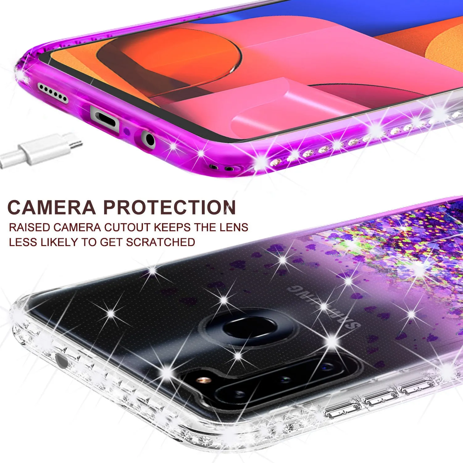 Samsung Galaxy A11 Case Liquid Glitter Phone Case Waterfall Floating Quicksand Bling Sparkle Cute Protective Girls Women Cover for Samsung Galaxy A11 W/Temper Glass - Purple