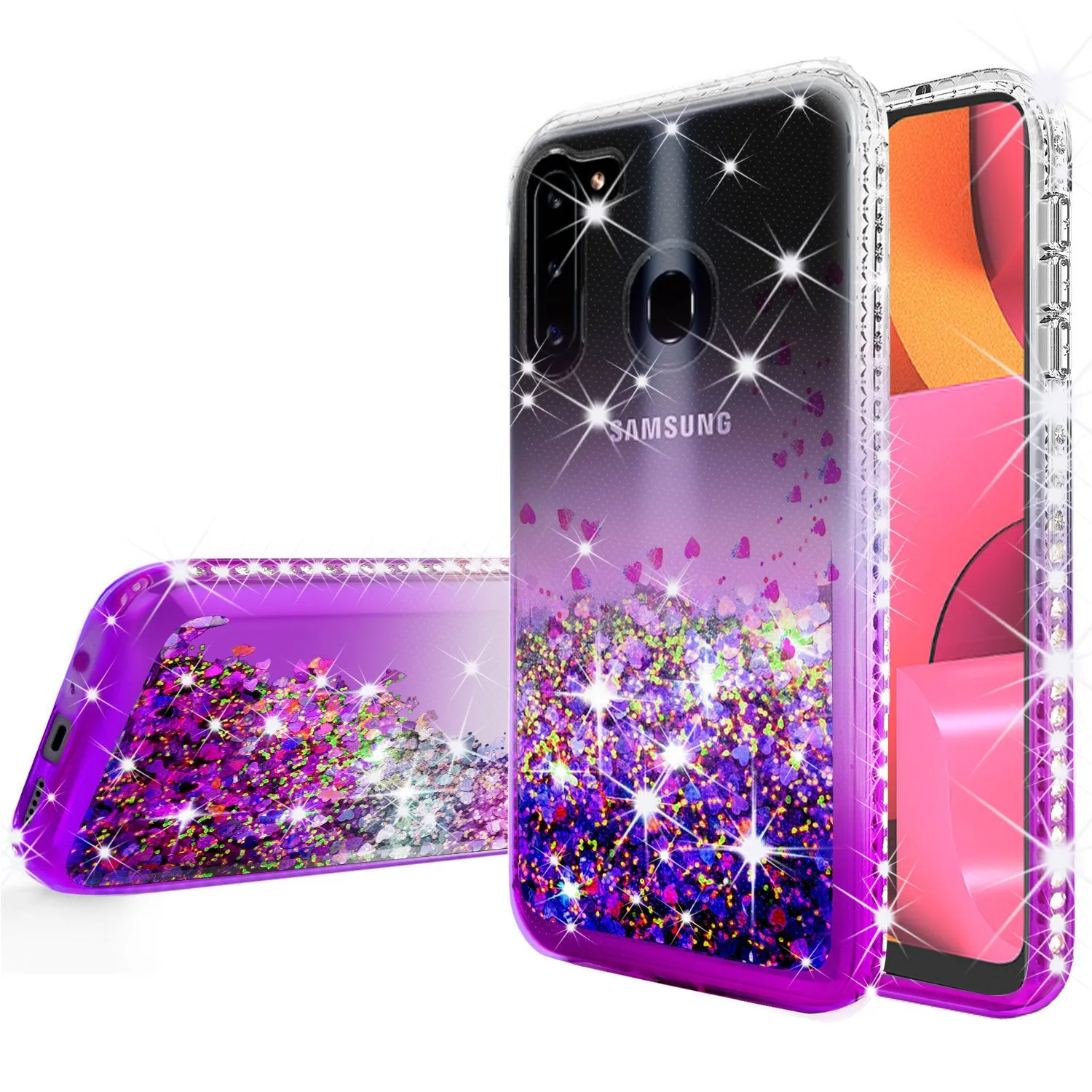 Samsung Galaxy A11 Case Liquid Glitter Phone Case Waterfall Floating Quicksand Bling Sparkle Cute Protective Girls Women Cover for Samsung Galaxy A11 W/Temper Glass - Purple
