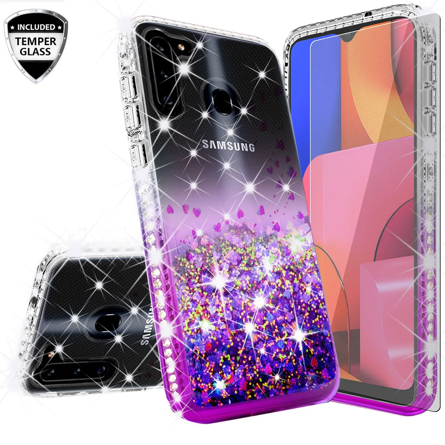 Samsung Galaxy A11 Case Liquid Glitter Phone Case Waterfall Floating Quicksand Bling Sparkle Cute Protective Girls Women Cover for Samsung Galaxy A11 W/Temper Glass - Purple