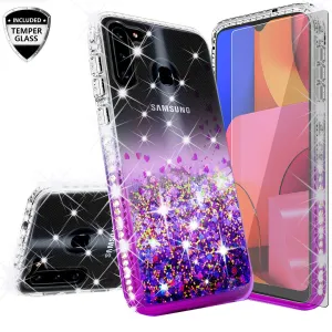 Samsung Galaxy A11 Case Liquid Glitter Phone Case Waterfall Floating Quicksand Bling Sparkle Cute Protective Girls Women Cover for Samsung Galaxy A11 W/Temper Glass - Purple