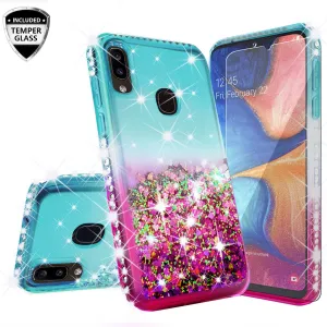 Samsung Galaxy A20 | A30 Case Liquid Glitter Phone Case Waterfall Floating Quicksand Bling Sparkle Cute Protective Girls Women Cover for Samsung Galaxy A20/A30 w/ Tempered Glass - (Teal/Pink Gradient)