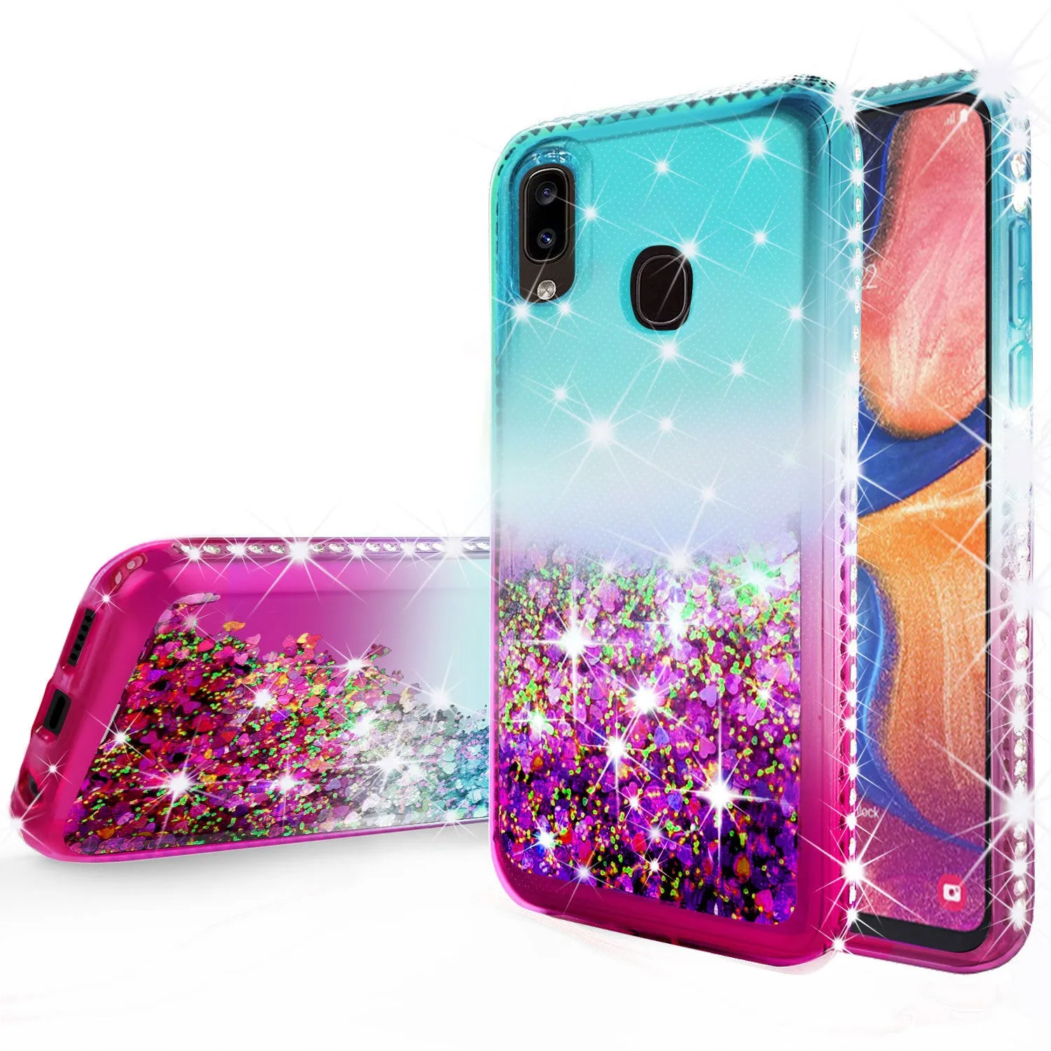 Samsung Galaxy A20 | A30 Case Liquid Glitter Phone Case Waterfall Floating Quicksand Bling Sparkle Cute Protective Girls Women Cover for Samsung Galaxy A20/A30 w/ Tempered Glass - (Teal/Pink Gradient)