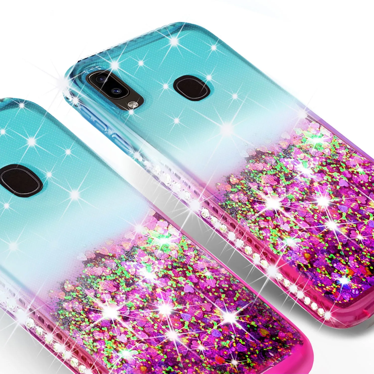 Samsung Galaxy A20 | A30 Case Liquid Glitter Phone Case Waterfall Floating Quicksand Bling Sparkle Cute Protective Girls Women Cover for Samsung Galaxy A20/A30 w/ Tempered Glass - (Teal/Pink Gradient)