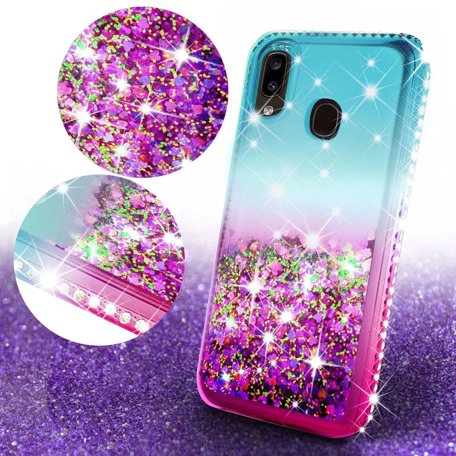 Samsung Galaxy A20 | A30 Case Liquid Glitter Phone Case Waterfall Floating Quicksand Bling Sparkle Cute Protective Girls Women Cover for Samsung Galaxy A20/A30 w/ Tempered Glass - (Teal/Pink Gradient)
