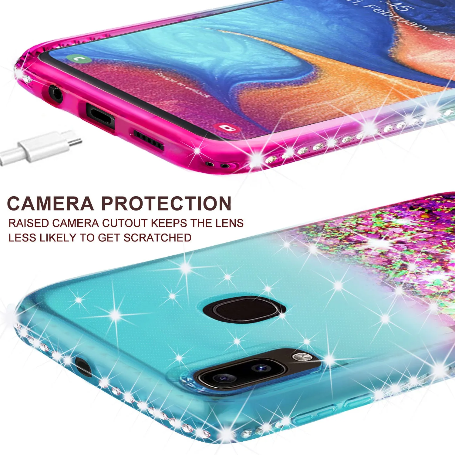 Samsung Galaxy A20 | A30 Case Liquid Glitter Phone Case Waterfall Floating Quicksand Bling Sparkle Cute Protective Girls Women Cover for Samsung Galaxy A20/A30 w/ Tempered Glass - (Teal/Pink Gradient)