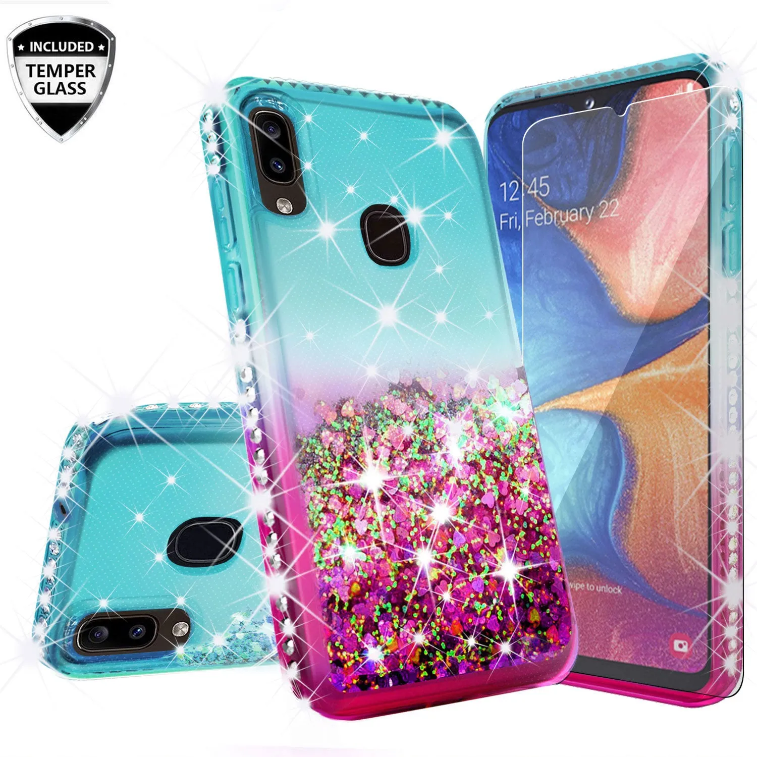 Samsung Galaxy A20 | A30 Case Liquid Glitter Phone Case Waterfall Floating Quicksand Bling Sparkle Cute Protective Girls Women Cover for Samsung Galaxy A20/A30 w/ Tempered Glass - (Teal/Pink Gradient)