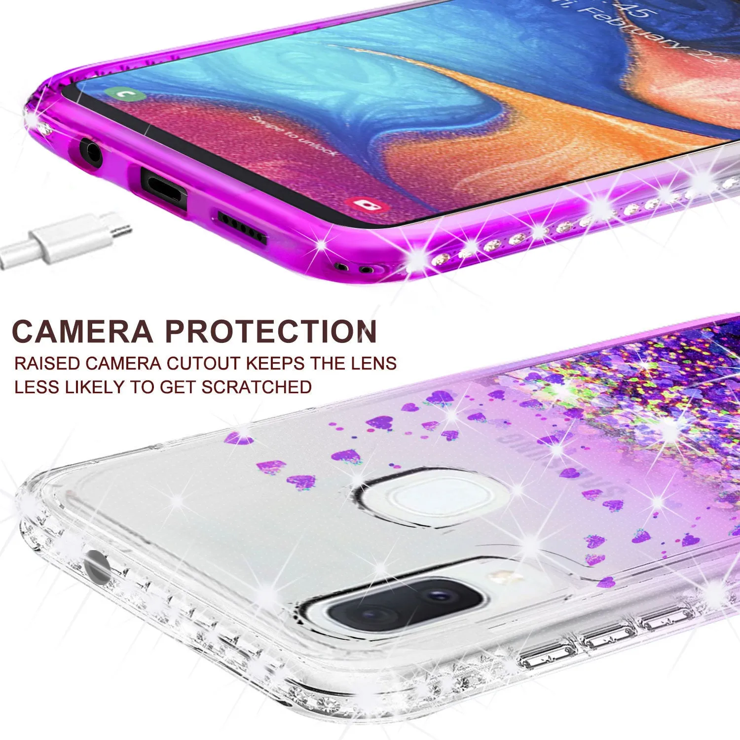 Samsung Galaxy A20 Case Liquid Glitter Phone Case Waterfall Floating Quicksand Bling Sparkle Cute Protective Girls Women Cover for Samsung Galaxy A20 W/Temper Glass- Purple