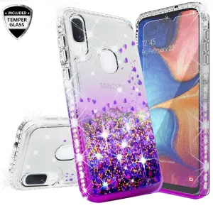 Samsung Galaxy A20 Case Liquid Glitter Phone Case Waterfall Floating Quicksand Bling Sparkle Cute Protective Girls Women Cover for Samsung Galaxy A20 W/Temper Glass- Purple