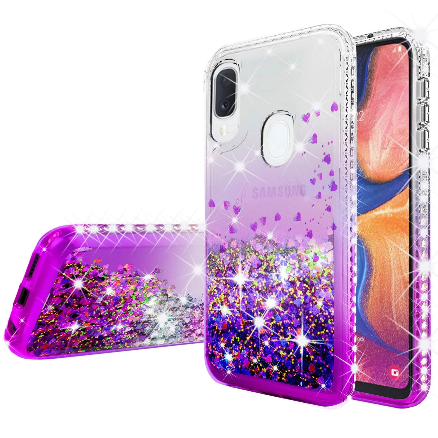 Samsung Galaxy A20 Case Liquid Glitter Phone Case Waterfall Floating Quicksand Bling Sparkle Cute Protective Girls Women Cover for Samsung Galaxy A20 W/Temper Glass- Purple