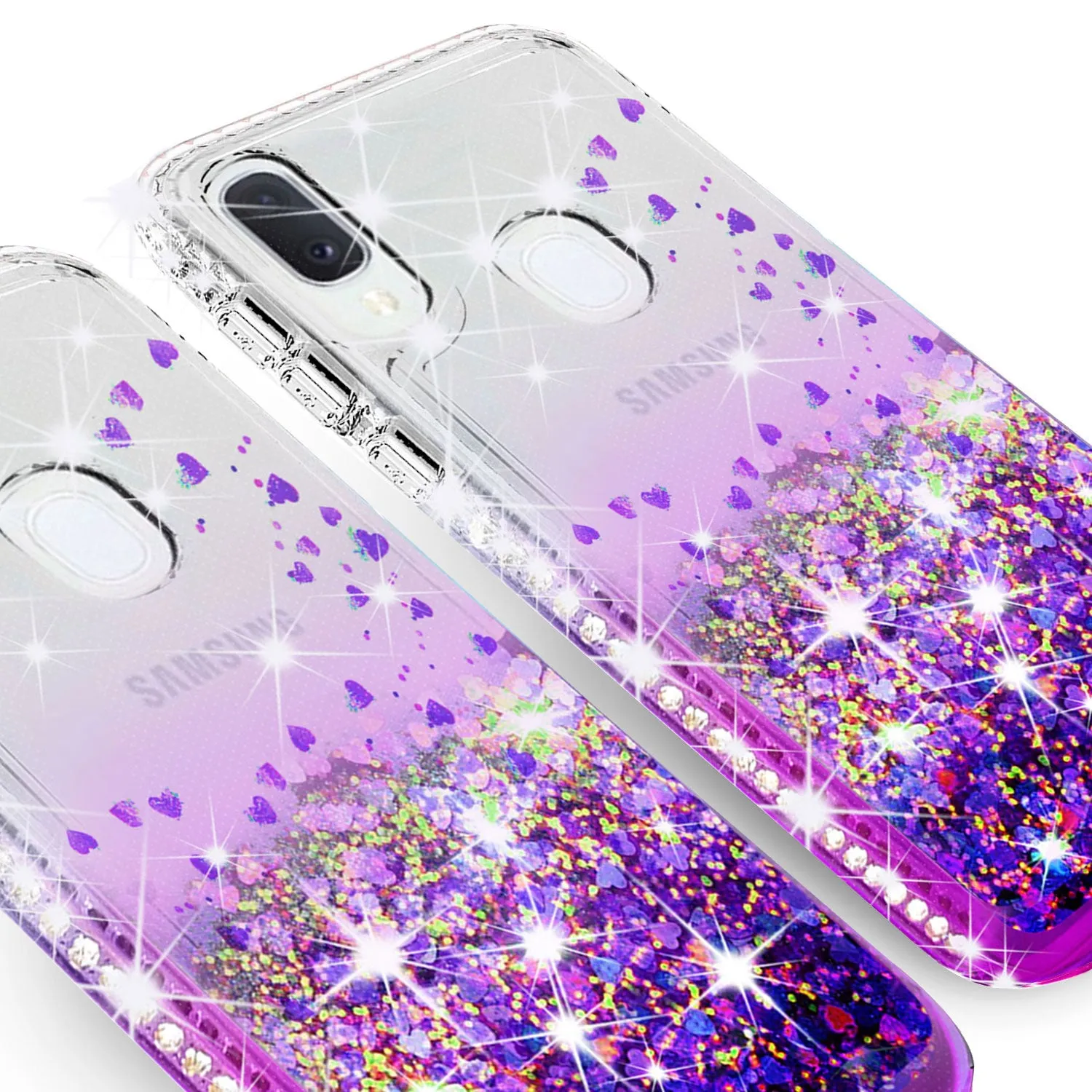 Samsung Galaxy A20 Case Liquid Glitter Phone Case Waterfall Floating Quicksand Bling Sparkle Cute Protective Girls Women Cover for Samsung Galaxy A20 W/Temper Glass- Purple
